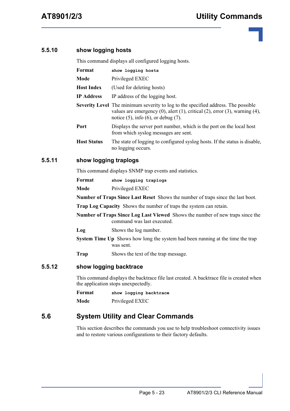 10 show logging hosts, 11 show logging traplogs, 12 show logging backtrace | 6 system utility and clear commands, 6 system utility and clear commands - 23 | Kontron AT890X Full-Size CLI User Manual | Page 221 / 304