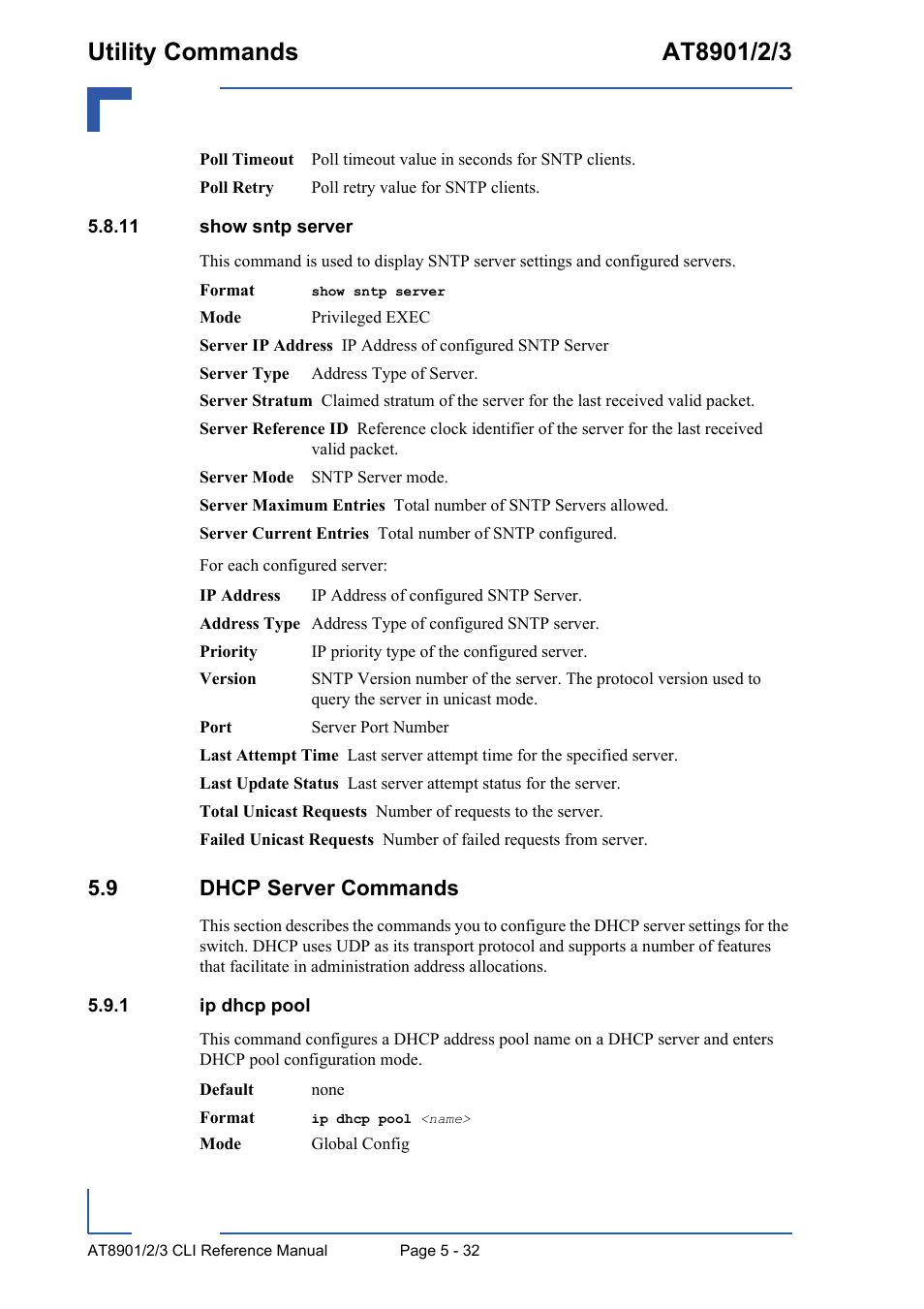 11 show sntp server, 9 dhcp server commands, 1 ip dhcp pool | 11 show sntp server - 32, 9 dhcp server commands - 32, Ip dhcp pool - 32 | Kontron AT890X Full-Size CLI User Manual | Page 230 / 304