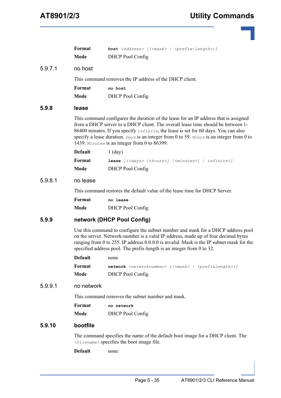 8 lease, 9 network (dhcp pool config), 10 bootfile | Lease - 35, Network (dhcp pool config) - 35, 10 bootfile - 35 | Kontron AT890X Full-Size CLI User Manual | Page 233 / 304