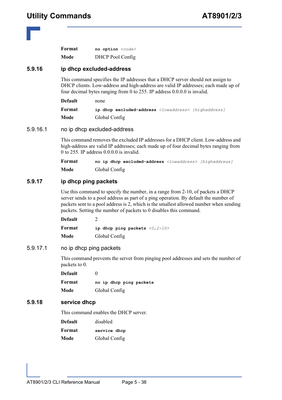 16 ip dhcp excluded-address, 17 ip dhcp ping packets, 18 service dhcp | Kontron AT890X Full-Size CLI User Manual | Page 236 / 304