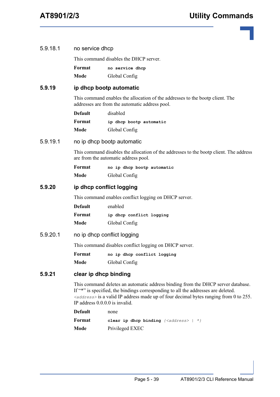 19 ip dhcp bootp automatic, 20 ip dhcp conflict logging, 21 clear ip dhcp binding | Kontron AT890X Full-Size CLI User Manual | Page 237 / 304