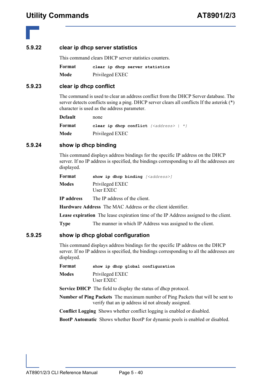 22 clear ip dhcp server statistics, 23 clear ip dhcp conflict, 24 show ip dhcp binding | 25 show ip dhcp global configuration | Kontron AT890X Full-Size CLI User Manual | Page 238 / 304