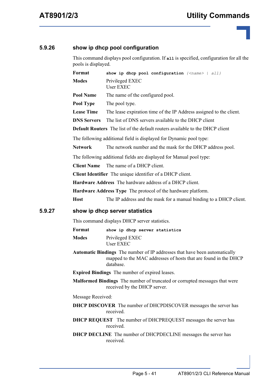 26 show ip dhcp pool configuration, 27 show ip dhcp server statistics | Kontron AT890X Full-Size CLI User Manual | Page 239 / 304