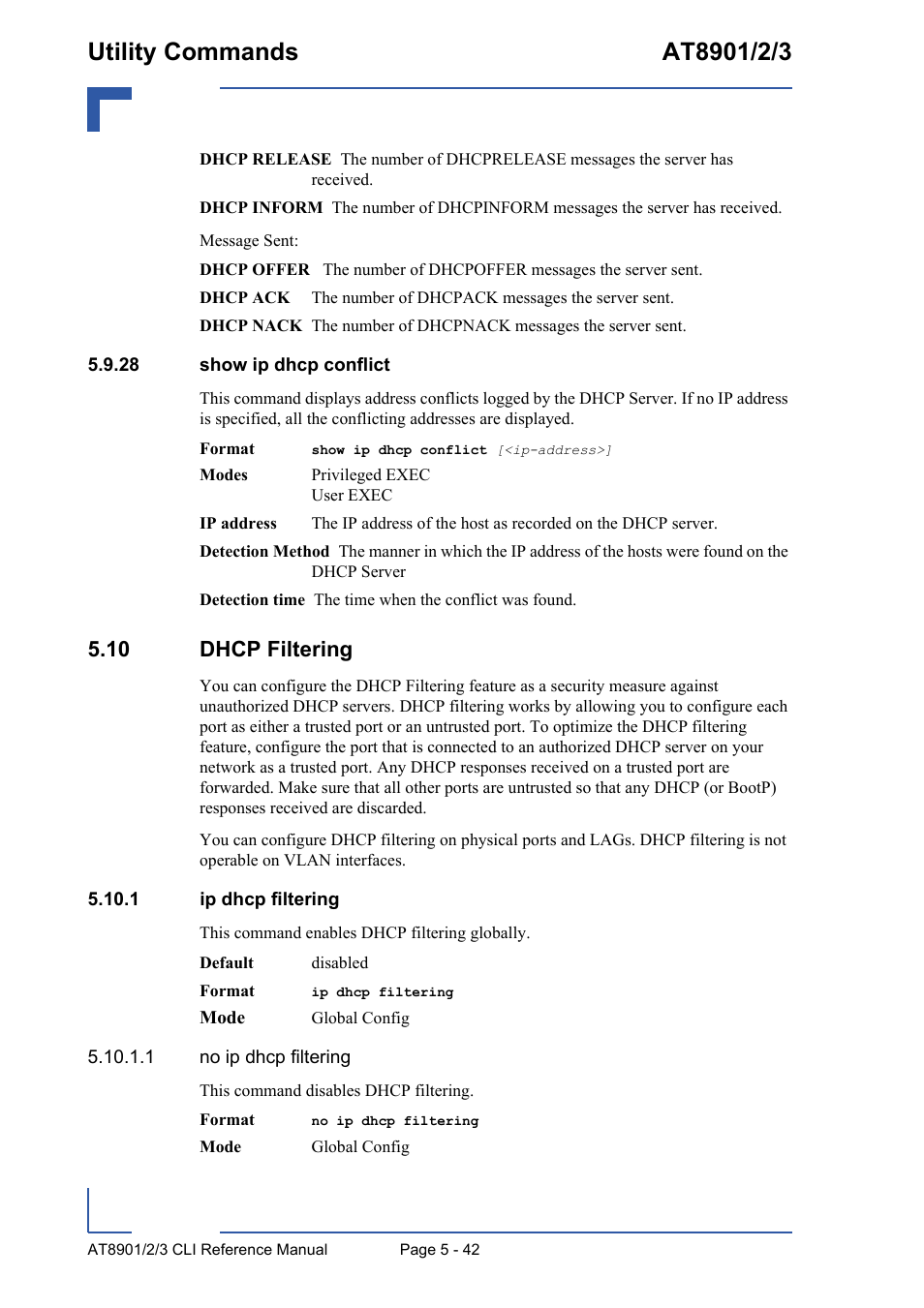 28 show ip dhcp conflict, 10 dhcp filtering, 1 ip dhcp filtering | 28 show ip dhcp conflict - 42, 10 dhcp filtering - 42, 1 ip dhcp filtering - 42 | Kontron AT890X Full-Size CLI User Manual | Page 240 / 304