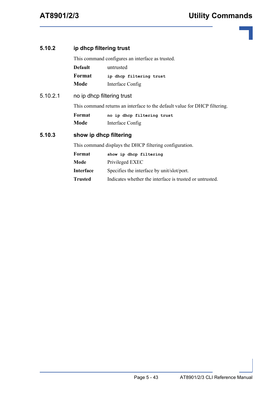 2 ip dhcp filtering trust, 3 show ip dhcp filtering | Kontron AT890X Full-Size CLI User Manual | Page 241 / 304