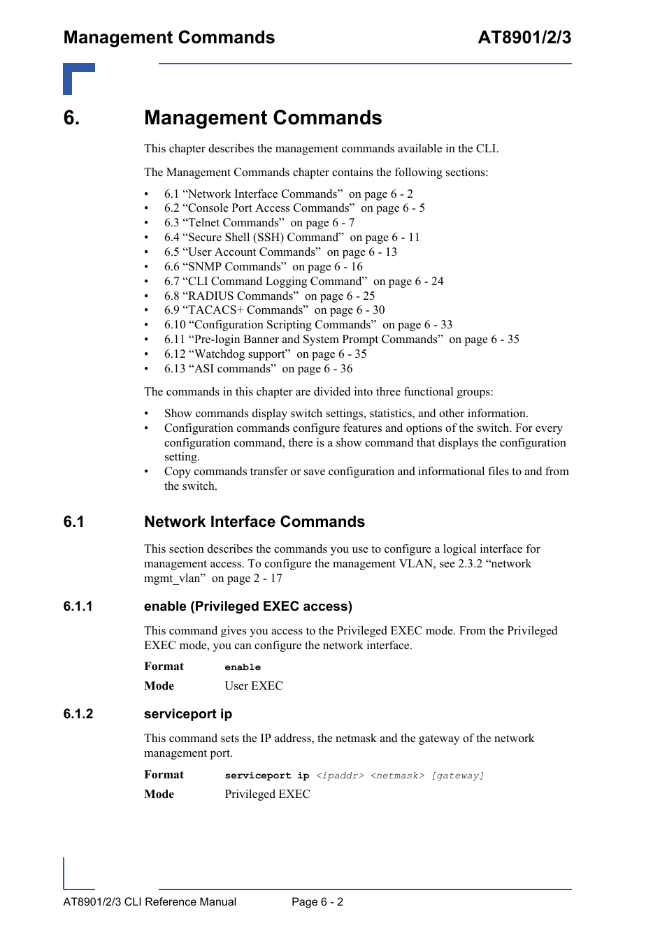 Management commands, 1 network interface commands, 1 enable (privileged exec access) | 2 serviceport ip, Management commands - 2, 1 network interface commands - 2, Enable (privileged exec access) - 2, Serviceport ip - 2 | Kontron AT890X Full-Size CLI User Manual | Page 244 / 304