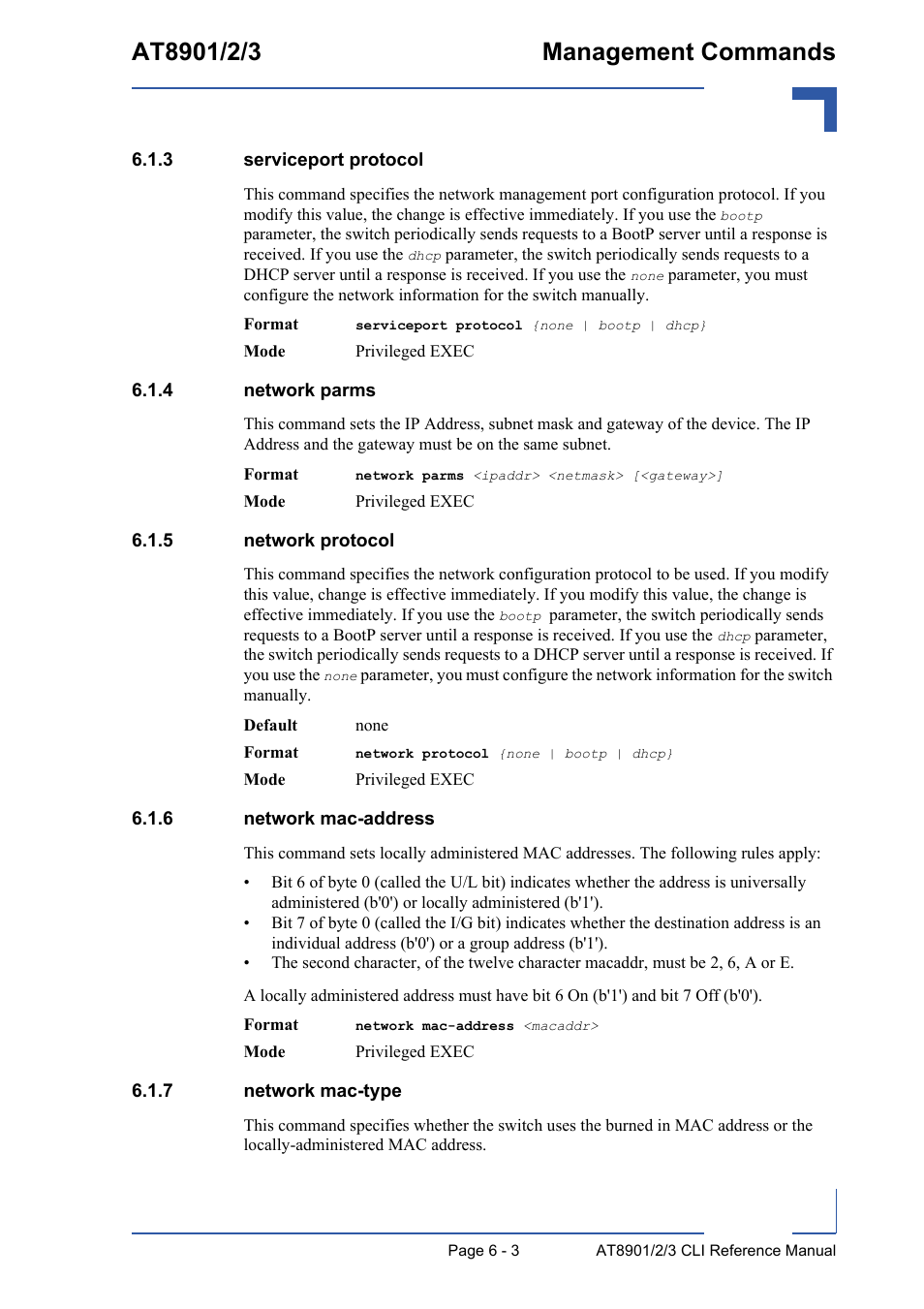 3 serviceport protocol, 4 network parms, 5 network protocol | 6 network mac-address, 7 network mac-type, Serviceport protocol - 3, Network parms - 3, Network protocol - 3, Network mac-address - 3, Network mac-type - 3 | Kontron AT890X Full-Size CLI User Manual | Page 245 / 304