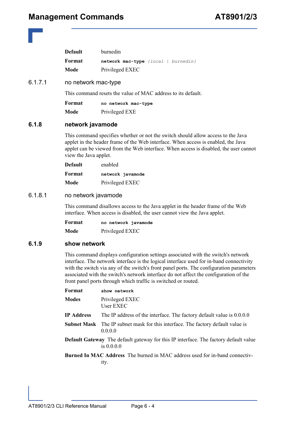 8 network javamode, 9 show network, Network javamode - 4 | Show network - 4 | Kontron AT890X Full-Size CLI User Manual | Page 246 / 304