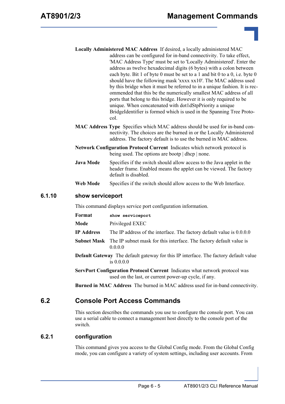 10 show serviceport, 2 console port access commands, 1 configuration | 10 show serviceport - 5, 2 console port access commands - 5, Configuration - 5 | Kontron AT890X Full-Size CLI User Manual | Page 247 / 304