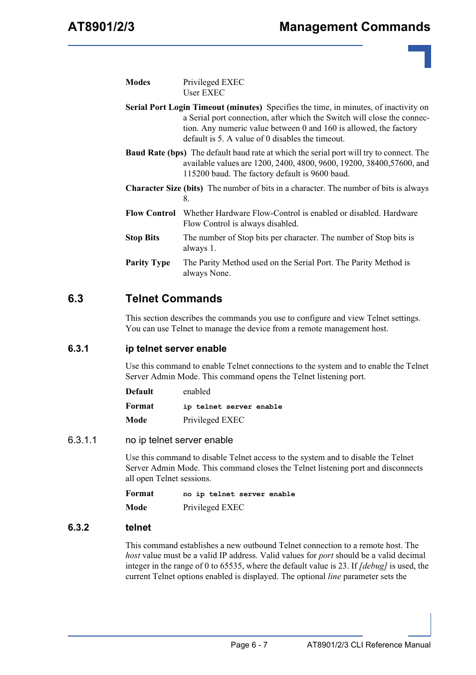 3 telnet commands, 1 ip telnet server enable, 2 telnet | 3 telnet commands - 7, Ip telnet server enable - 7, Telnet - 7 | Kontron AT890X Full-Size CLI User Manual | Page 249 / 304