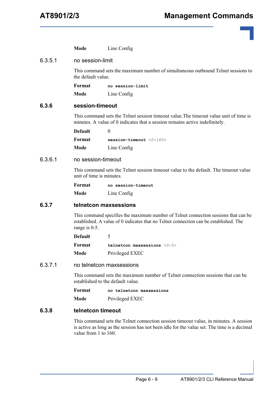 6 session-timeout, 7 telnetcon maxsessions, 8 telnetcon timeout | Session-timeout - 9, Telnetcon maxsessions - 9, Telnetcon timeout - 9 | Kontron AT890X Full-Size CLI User Manual | Page 251 / 304