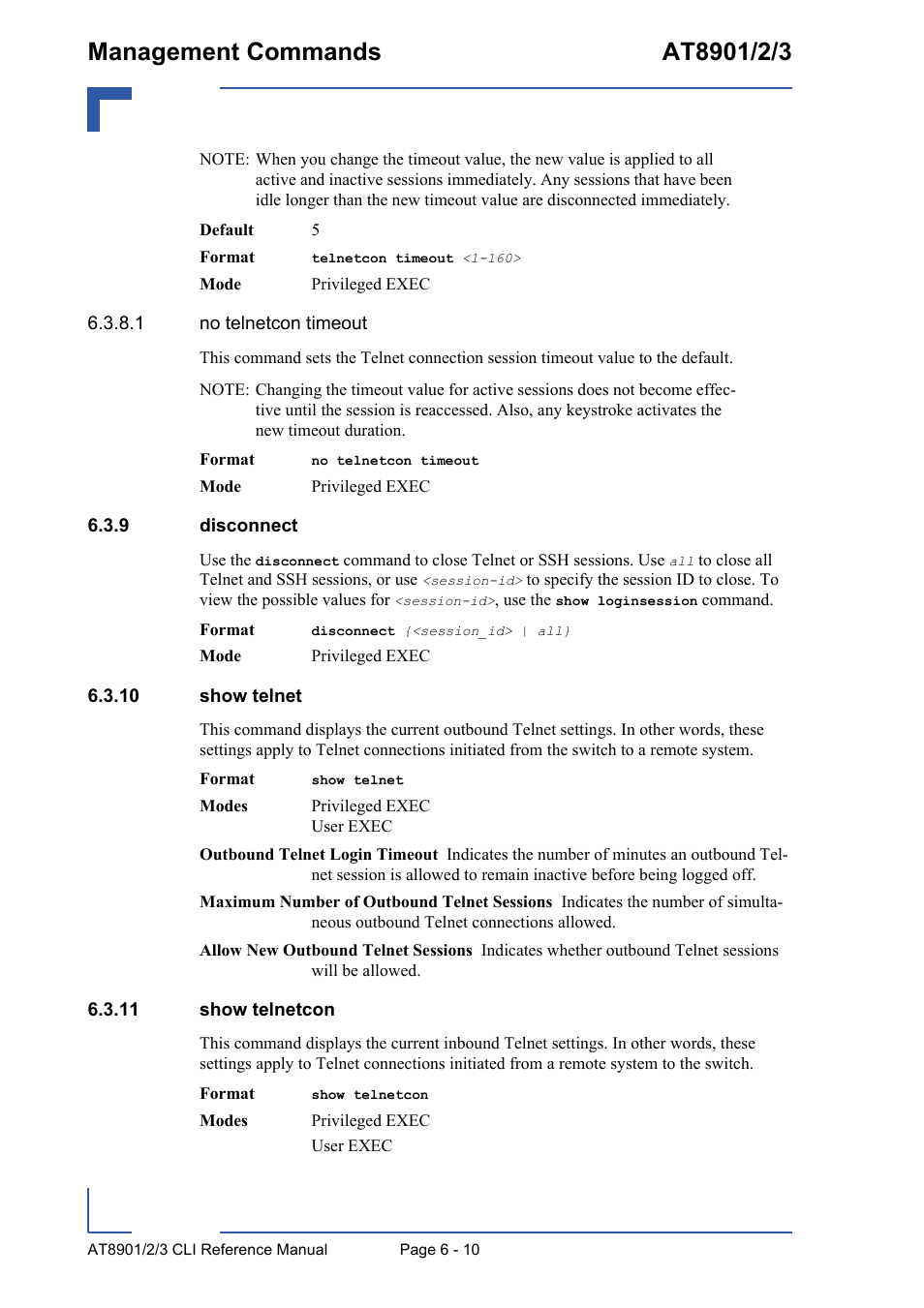 9 disconnect, 10 show telnet, 11 show telnetcon | Disconnect - 10, 10 show telnet - 10 6.3.11 show telnetcon - 10 | Kontron AT890X Full-Size CLI User Manual | Page 252 / 304