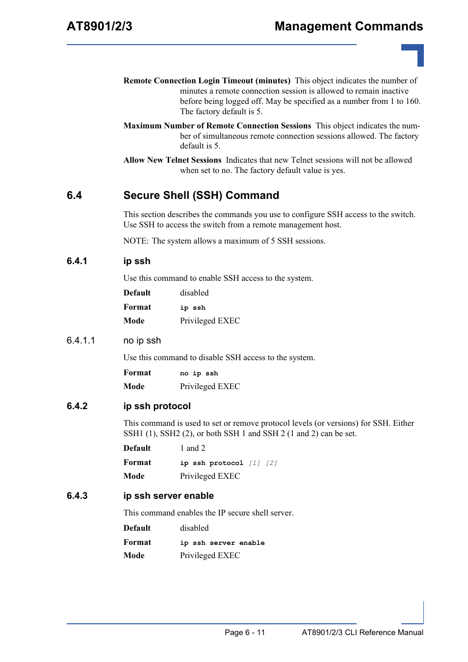 4 secure shell (ssh) command, 1 ip ssh, 2 ip ssh protocol | 3 ip ssh server enable, 4 secure shell (ssh) command - 11, Ip ssh - 11, Ip ssh protocol - 11, Ip ssh server enable - 11 | Kontron AT890X Full-Size CLI User Manual | Page 253 / 304