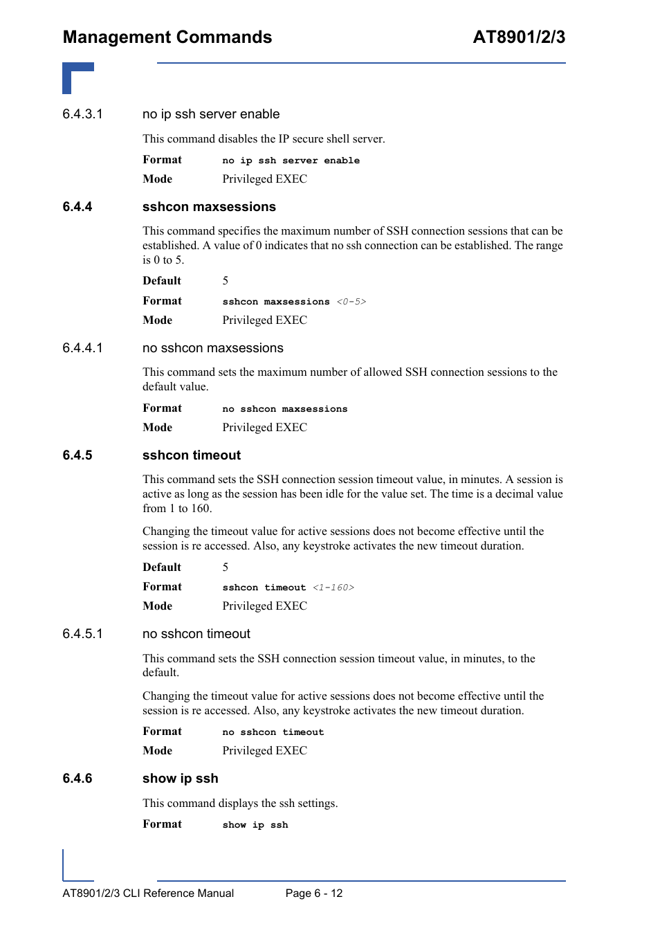 4 sshcon maxsessions, 5 sshcon timeout, 6 show ip ssh | Sshcon maxsessions - 12, Sshcon timeout - 12, Show ip ssh - 12 | Kontron AT890X Full-Size CLI User Manual | Page 254 / 304