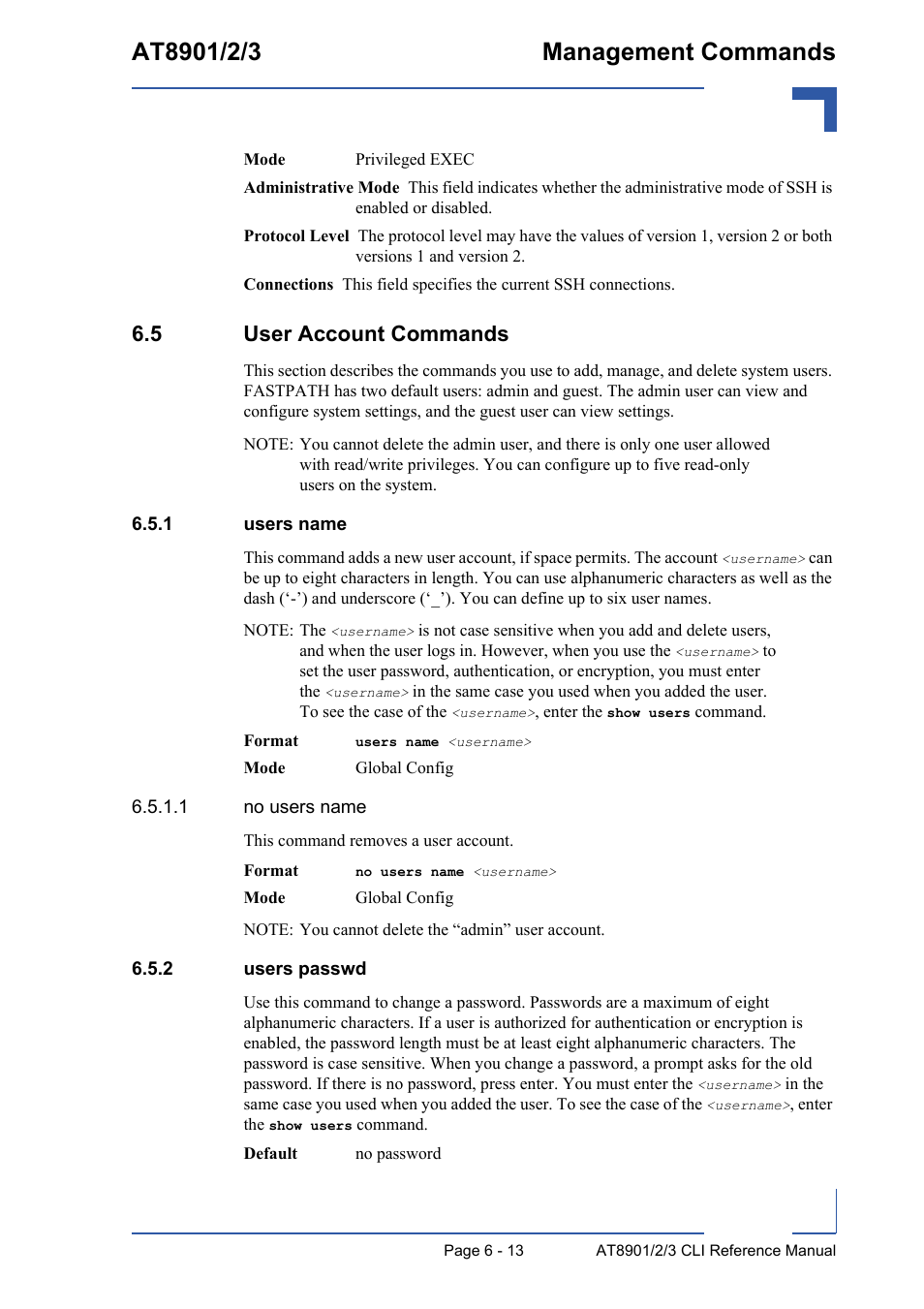 5 user account commands, 1 users name, 2 users passwd | 5 user account commands - 13, Users name - 13, Users passwd - 13 | Kontron AT890X Full-Size CLI User Manual | Page 255 / 304