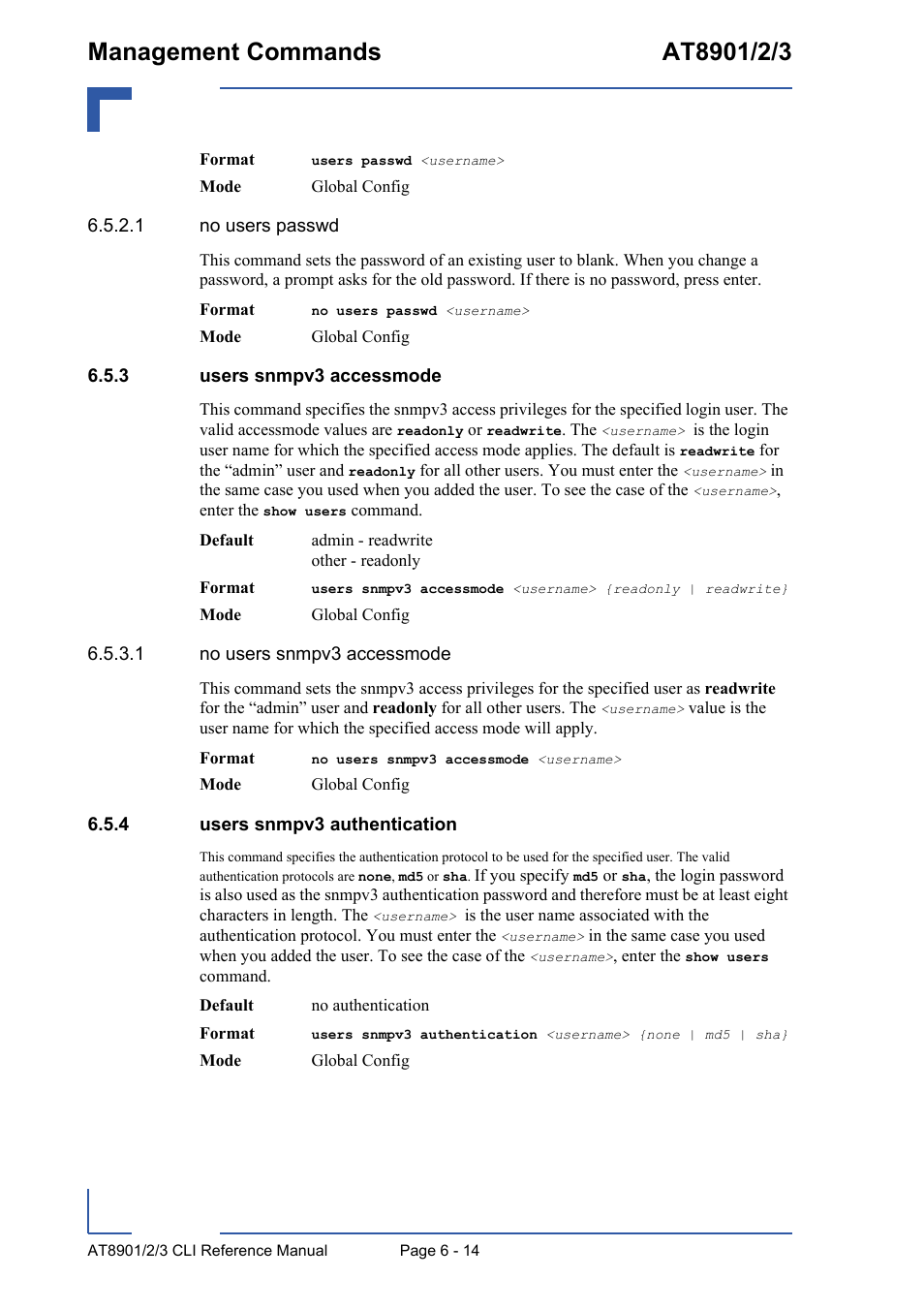 3 users snmpv3 accessmode, 4 users snmpv3 authentication, Users snmpv3 accessmode - 14 | Users snmpv3 authentication - 14 | Kontron AT890X Full-Size CLI User Manual | Page 256 / 304