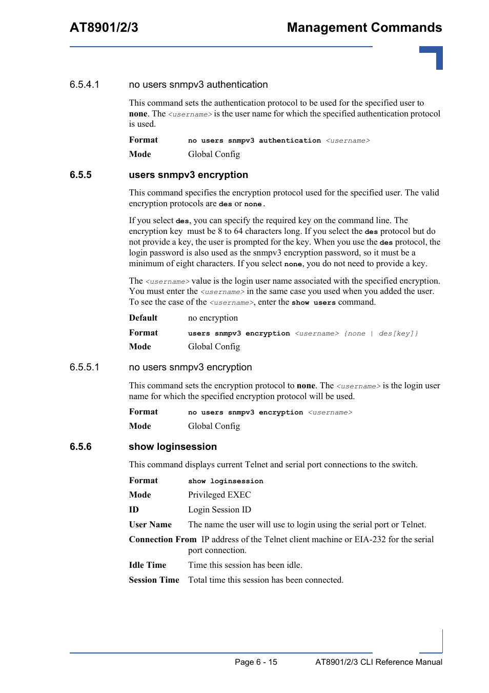 5 users snmpv3 encryption, 6 show loginsession, Users snmpv3 encryption - 15 | Show loginsession - 15 | Kontron AT890X Full-Size CLI User Manual | Page 257 / 304
