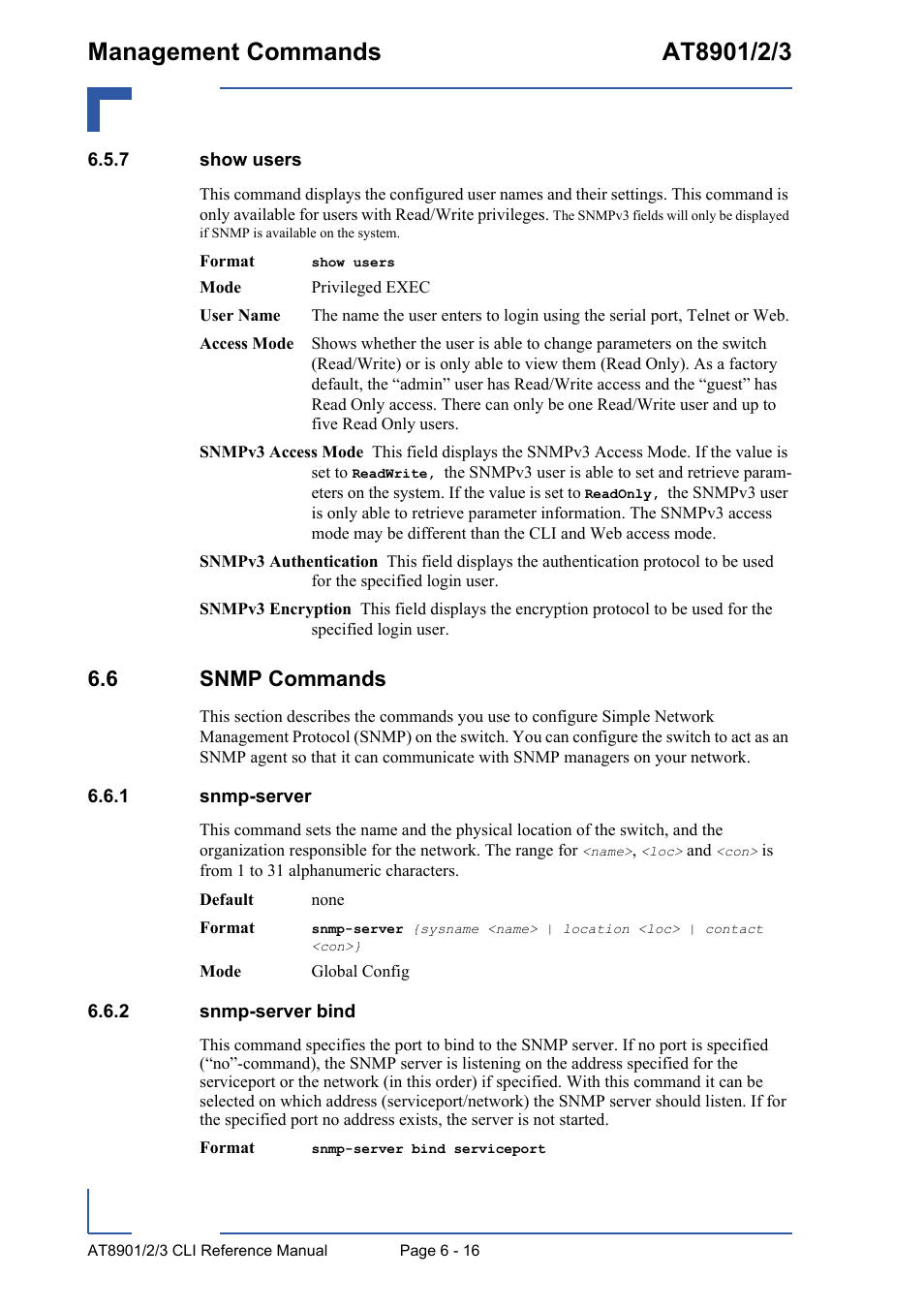 7 show users, 6 snmp commands, 1 snmp-server | 2 snmp-server bind, Show users - 16, 6 snmp commands - 16, Snmp-server - 16, Snmp-server bind - 16 | Kontron AT890X Full-Size CLI User Manual | Page 258 / 304