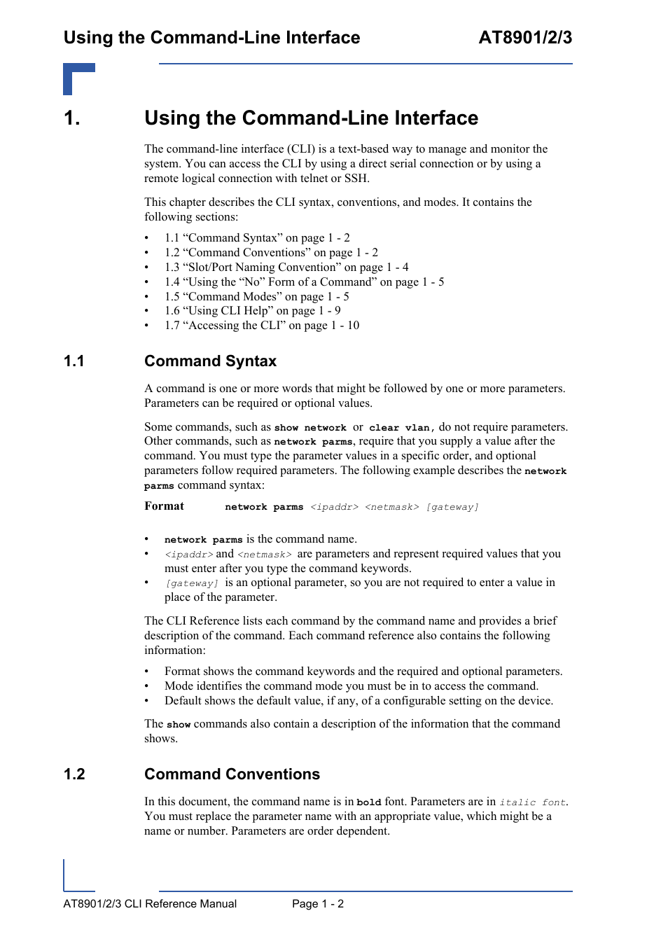 Using the command-line interface, 1 command syntax, 2 command conventions | Using the command-line interface - 2, 1 command syntax - 2 1.2 command conventions - 2 | Kontron AT890X Full-Size CLI User Manual | Page 26 / 304