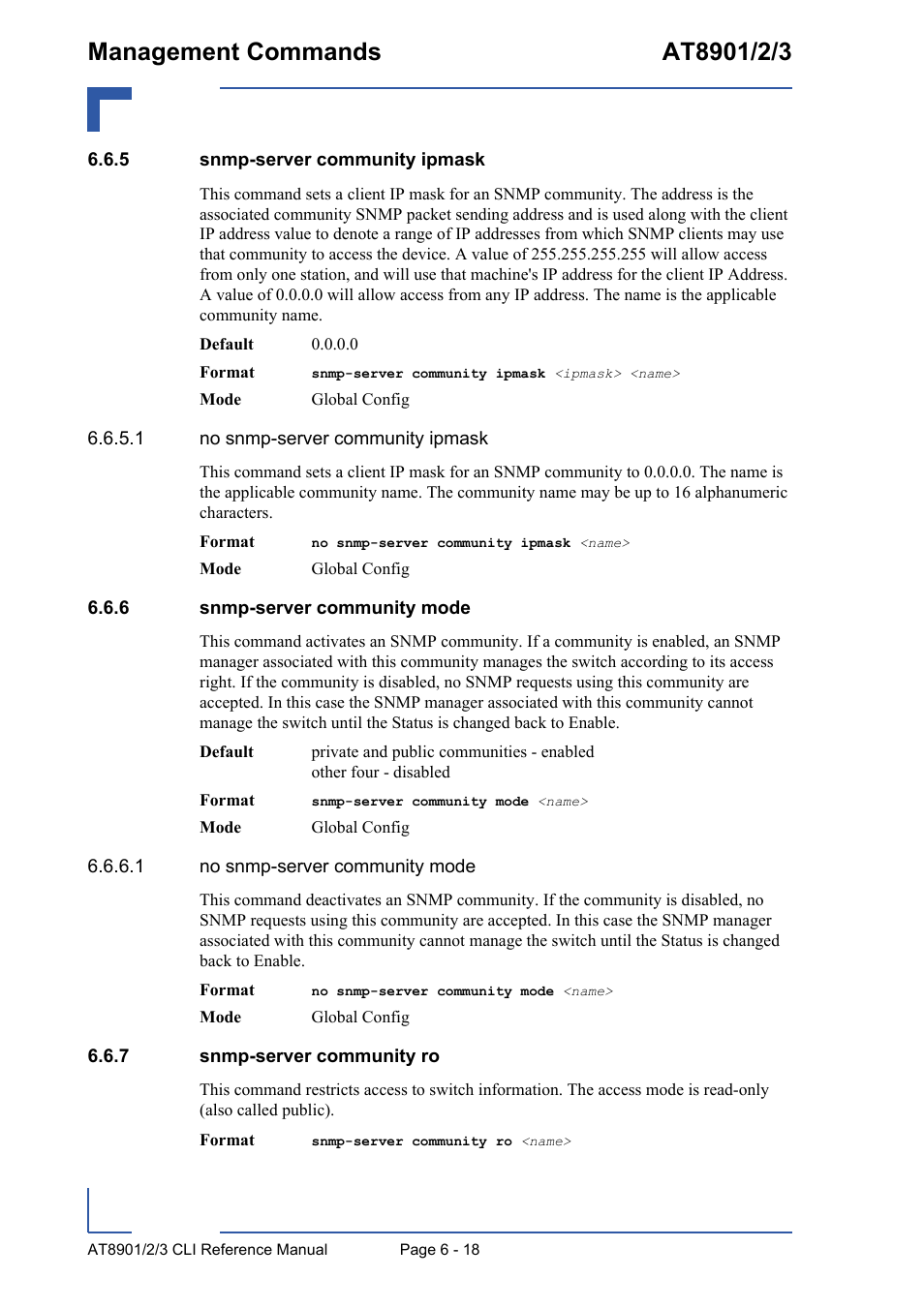 5 snmp-server community ipmask, 6 snmp-server community mode, 7 snmp-server community ro | Snmp-server community ipmask - 18, Snmp-server community mode - 18, Snmp-server community ro - 18 | Kontron AT890X Full-Size CLI User Manual | Page 260 / 304