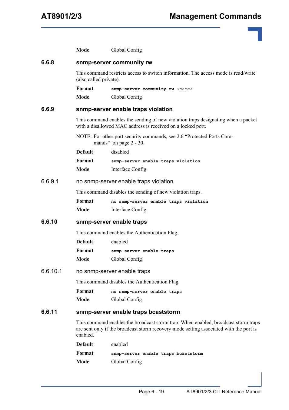 8 snmp-server community rw, 9 snmp-server enable traps violation, 10 snmp-server enable traps | 11 snmp-server enable traps bcaststorm, Snmp-server community rw - 19, Snmp-server enable traps violation - 19 | Kontron AT890X Full-Size CLI User Manual | Page 261 / 304