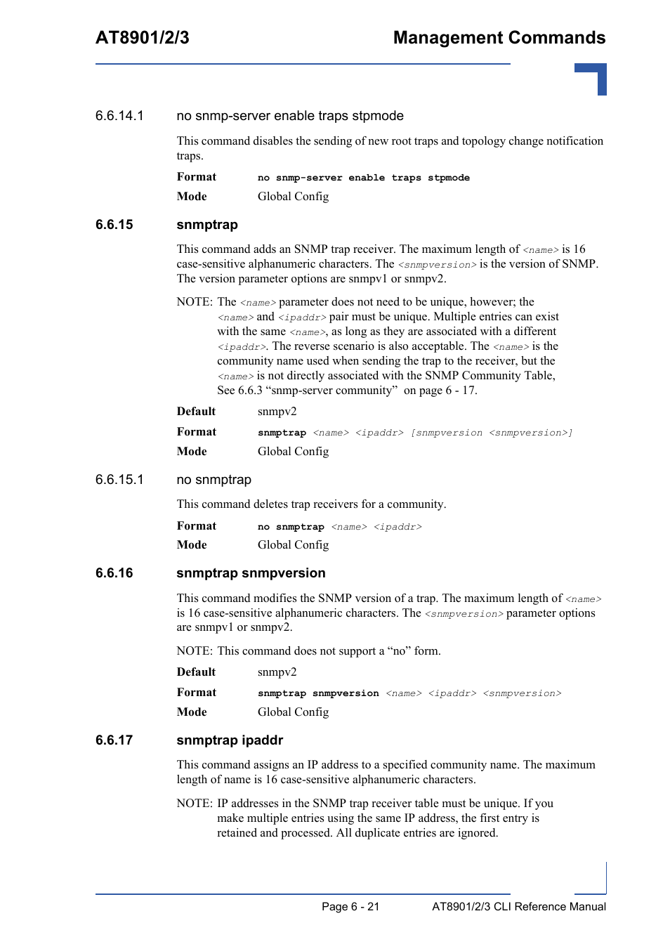 15 snmptrap, 16 snmptrap snmpversion, 17 snmptrap ipaddr | Kontron AT890X Full-Size CLI User Manual | Page 263 / 304