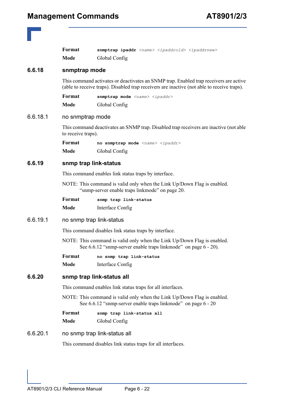 18 snmptrap mode, 19 snmp trap link-status, 20 snmp trap link-status all | Kontron AT890X Full-Size CLI User Manual | Page 264 / 304