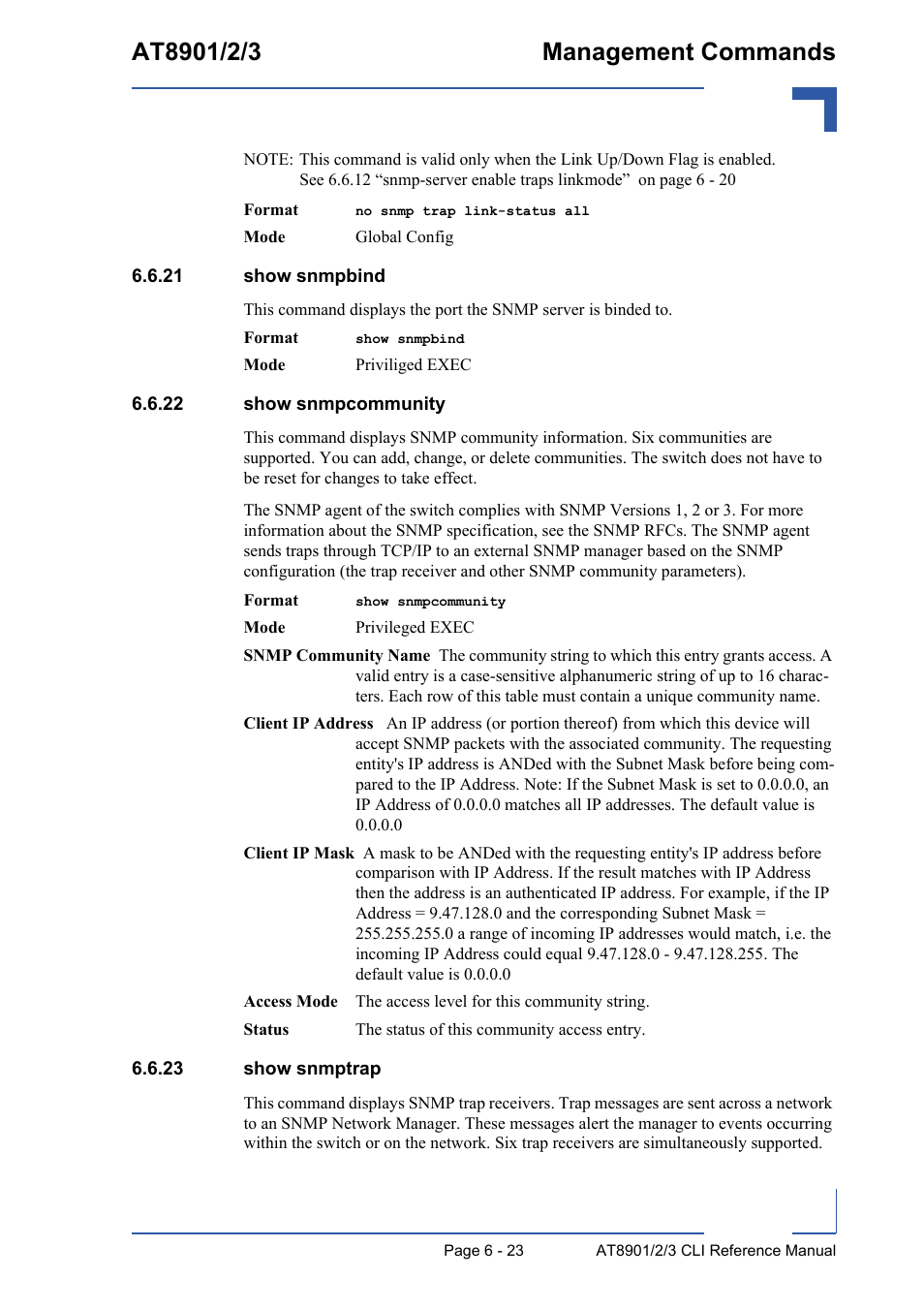 21 show snmpbind, 22 show snmpcommunity, 23 show snmptrap | Kontron AT890X Full-Size CLI User Manual | Page 265 / 304