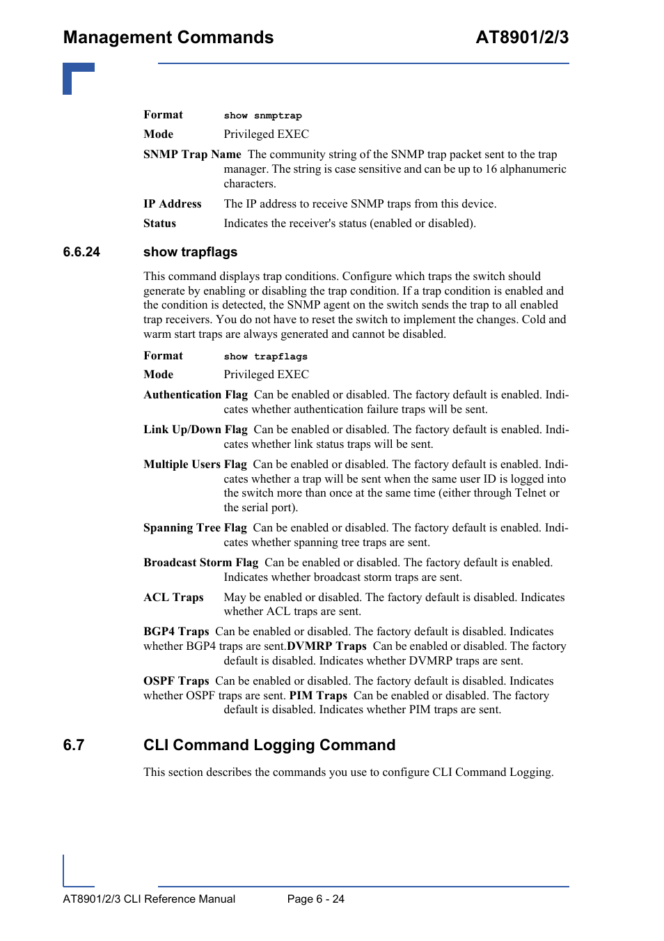 24 show trapflags, 7 cli command logging command, 24 show trapflags - 24 | 7 cli command logging command - 24 | Kontron AT890X Full-Size CLI User Manual | Page 266 / 304