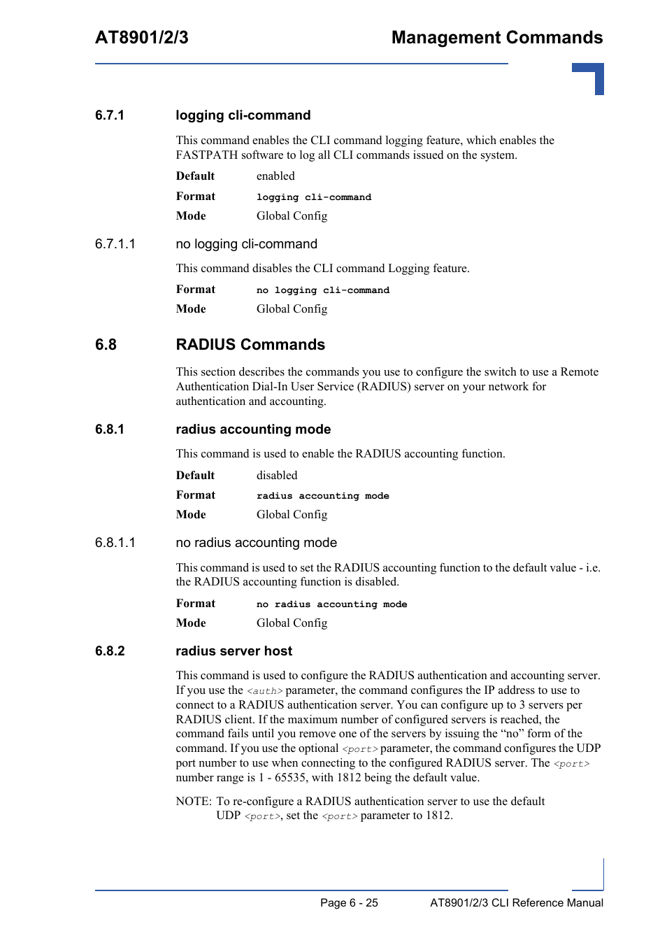 1 logging cli-command, 8 radius commands, 1 radius accounting mode | 2 radius server host, Logging cli-command - 25, 8 radius commands - 25, Radius accounting mode - 25, Radius server host - 25 | Kontron AT890X Full-Size CLI User Manual | Page 267 / 304