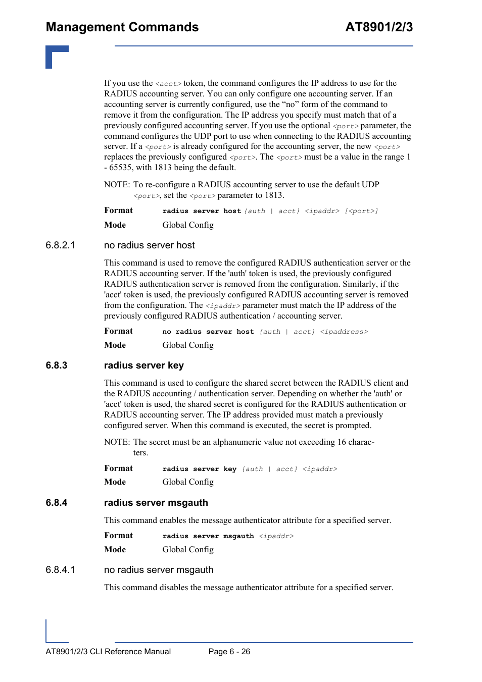 3 radius server key, 4 radius server msgauth, Radius server key - 26 | Radius server msgauth - 26 | Kontron AT890X Full-Size CLI User Manual | Page 268 / 304