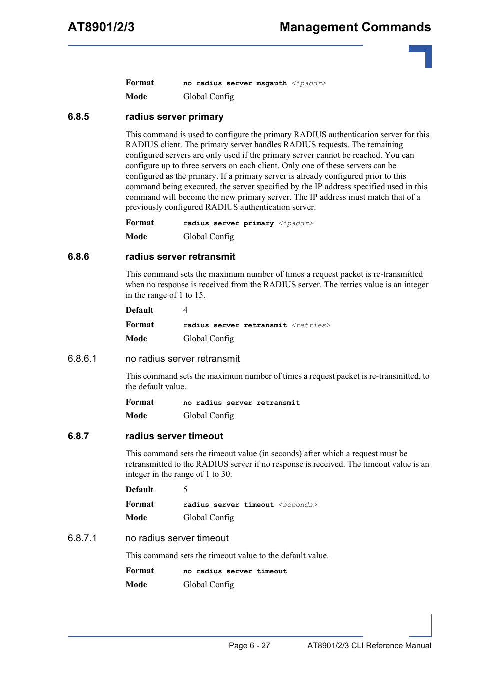 5 radius server primary, 6 radius server retransmit, 7 radius server timeout | Radius server primary - 27, Radius server retransmit - 27, Radius server timeout - 27 | Kontron AT890X Full-Size CLI User Manual | Page 269 / 304