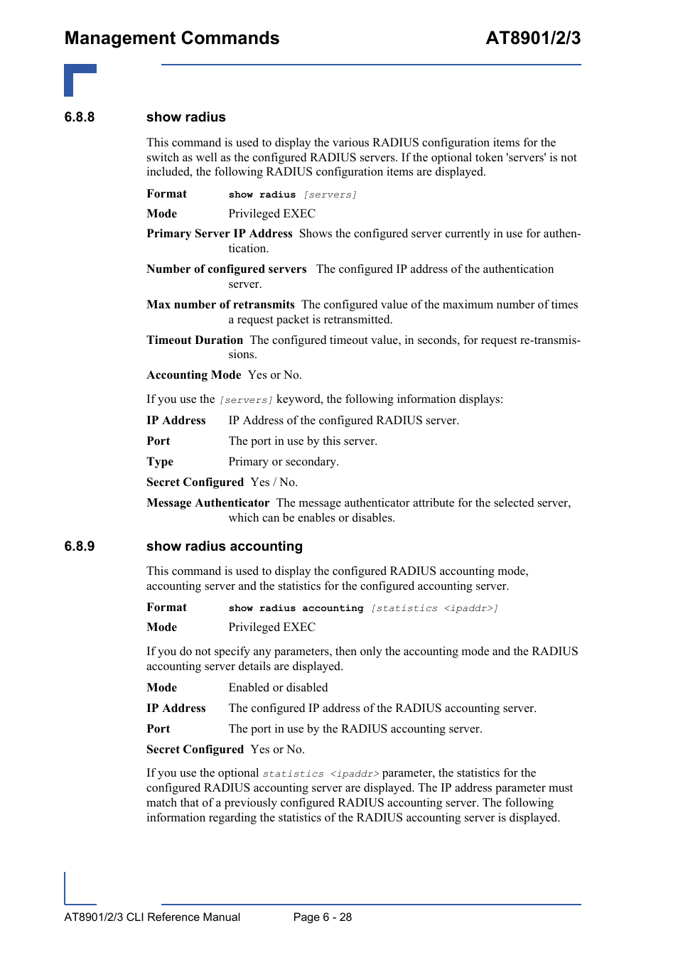 8 show radius, 9 show radius accounting, Show radius - 28 | Show radius accounting - 28 | Kontron AT890X Full-Size CLI User Manual | Page 270 / 304