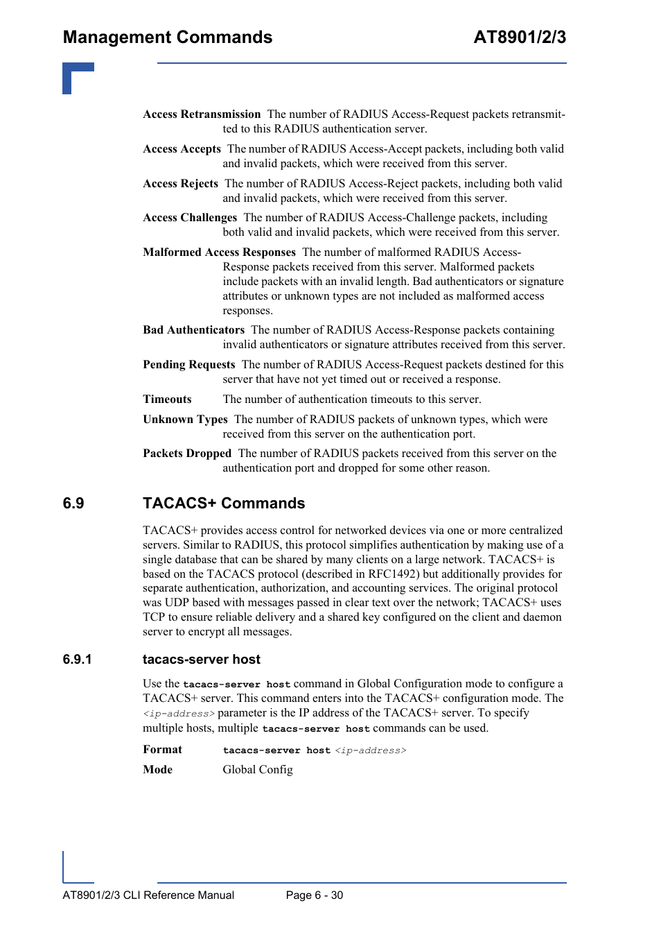 9 tacacs+ commands, 1 tacacs-server host, 9 tacacs+ commands - 30 | Tacacs-server host - 30 | Kontron AT890X Full-Size CLI User Manual | Page 272 / 304