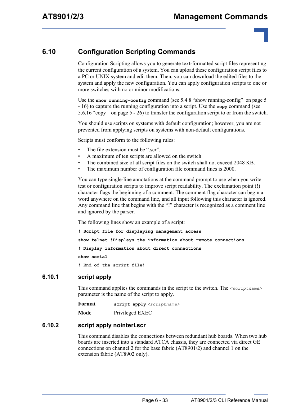 10 configuration scripting commands, 1 script apply, 2 script apply nointerl.scr | 10 configuration scripting commands - 33 | Kontron AT890X Full-Size CLI User Manual | Page 275 / 304