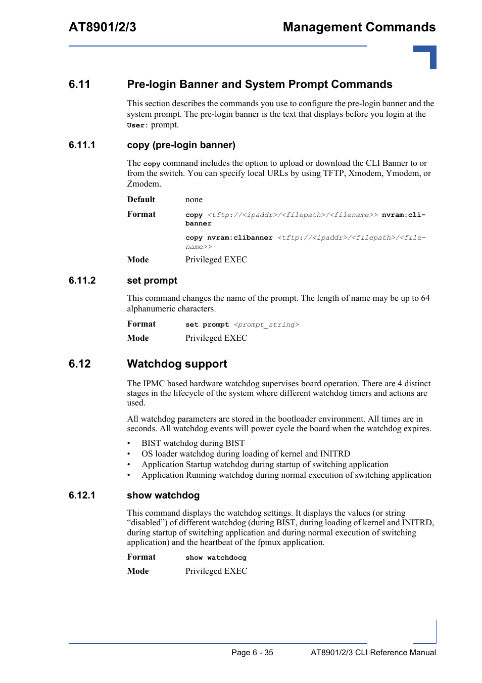 11 pre-login banner and system prompt commands, 1 copy (pre-login banner), 2 set prompt | 12 watchdog support, 1 show watchdog, 12 watchdog support - 35, 1 show watchdog - 35 | Kontron AT890X Full-Size CLI User Manual | Page 277 / 304