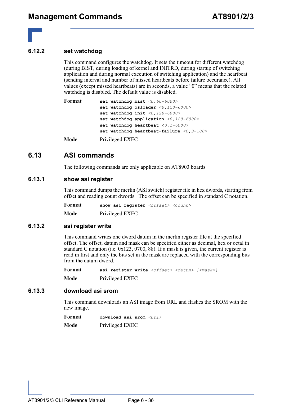 2 set watchdog, 13 asi commands, 1 show asi register | 2 asi register write, 3 download asi srom, 2 set watchdog - 36, 13 asi commands - 36 | Kontron AT890X Full-Size CLI User Manual | Page 278 / 304