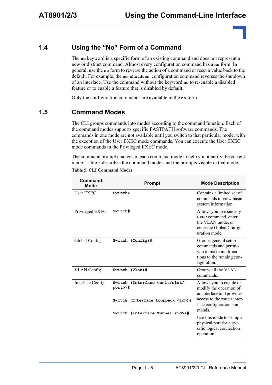 4 using the “no” form of a command, 5 command modes | Kontron AT890X Full-Size CLI User Manual | Page 29 / 304