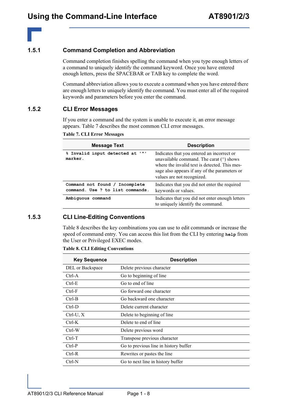 1 command completion and abbreviation, 2 cli error messages, 3 cli line-editing conventions | Command completion and abbreviation - 8, Cli error messages - 8, Cli line-editing conventions - 8 | Kontron AT890X Full-Size CLI User Manual | Page 32 / 304