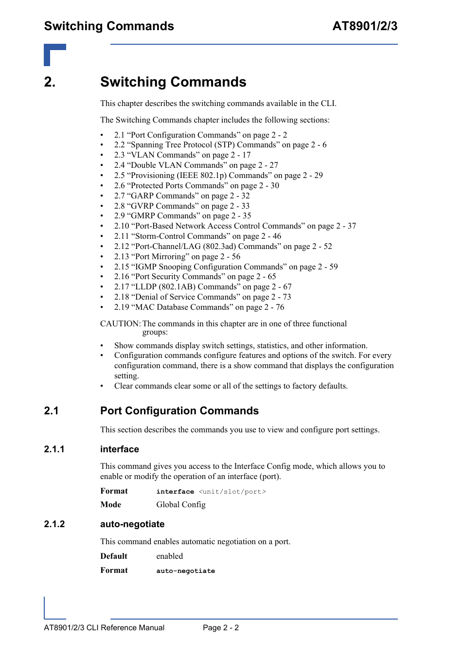 Switching commands, 1 port configuration commands, 1 interface | 2 auto-negotiate, Switching commands - 2, 1 port configuration commands - 2, Interface - 2, Auto-negotiate - 2 | Kontron AT890X Full-Size CLI User Manual | Page 36 / 304