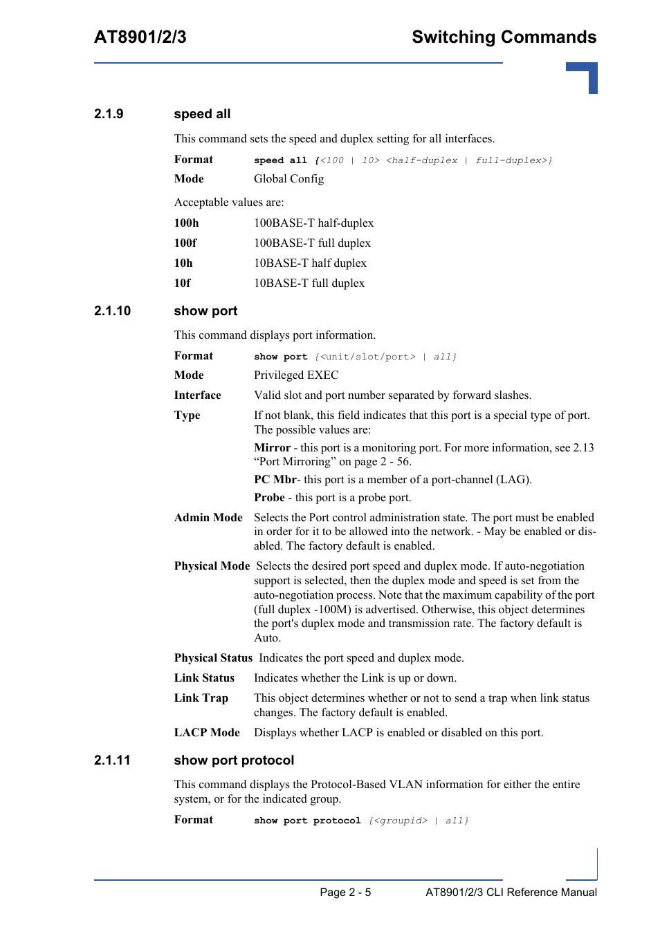 9 speed all, 10 show port, 11 show port protocol | Speed all - 5, 10 show port - 5 2.1.11 show port protocol - 5 | Kontron AT890X Full-Size CLI User Manual | Page 39 / 304