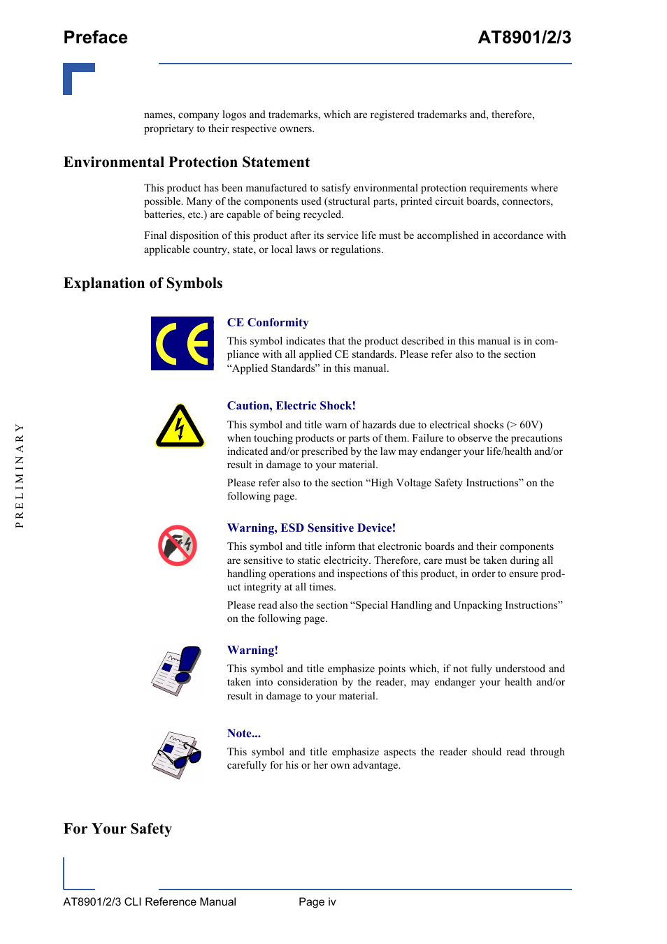 Environmental protection statement, Explanation of symbols for your safety | Kontron AT890X Full-Size CLI User Manual | Page 4 / 304