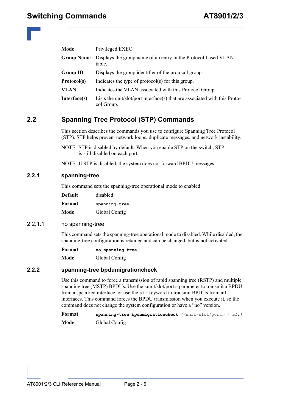 2 spanning tree protocol (stp) commands, 1 spanning-tree, 2 spanning-tree bpdumigrationcheck | 2 spanning tree protocol (stp) commands - 6, Spanning-tree - 6, Spanning-tree bpdumigrationcheck - 6 | Kontron AT890X Full-Size CLI User Manual | Page 40 / 304