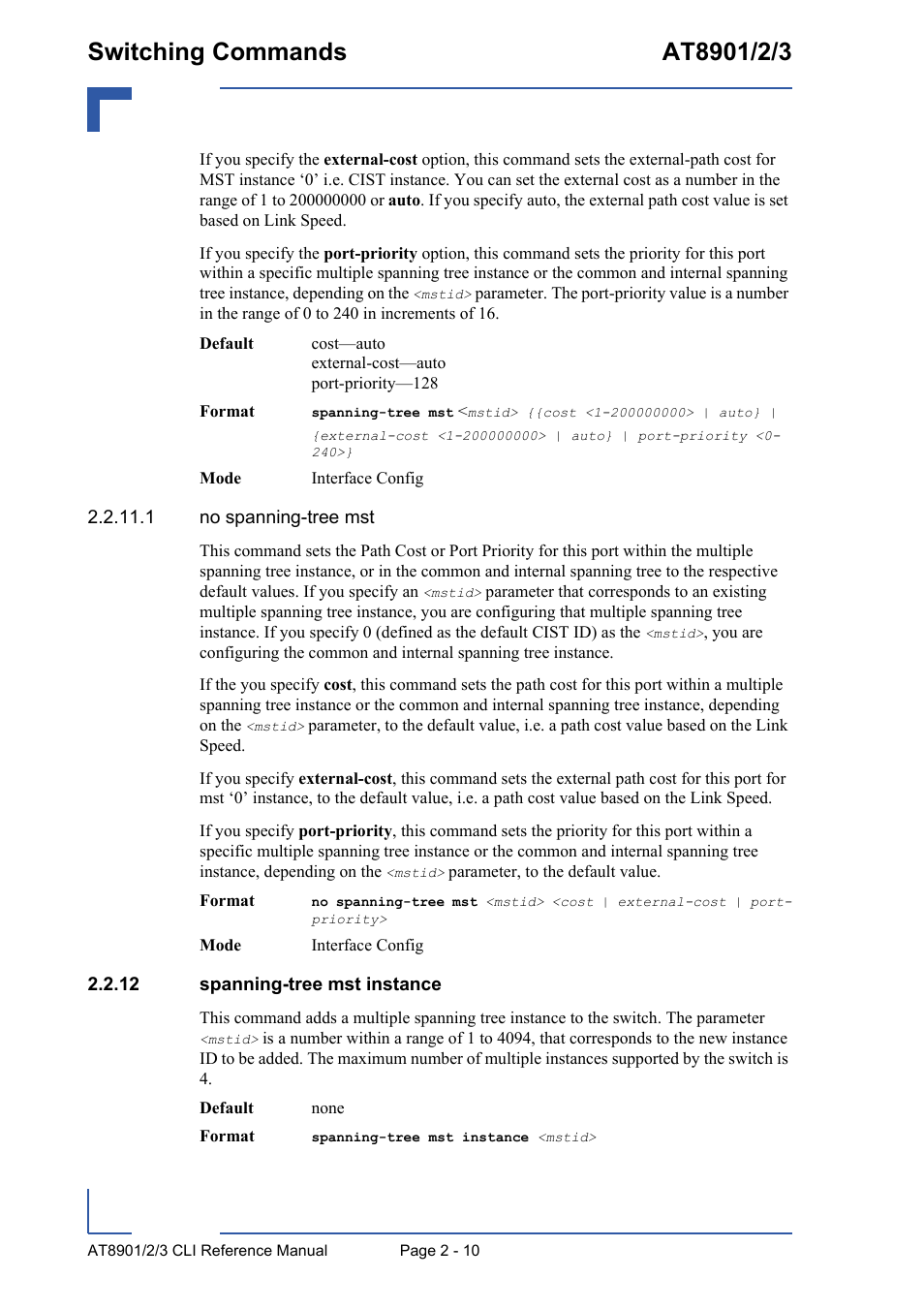 12 spanning-tree mst instance, 12 spanning-tree mst instance - 10 | Kontron AT890X Full-Size CLI User Manual | Page 44 / 304