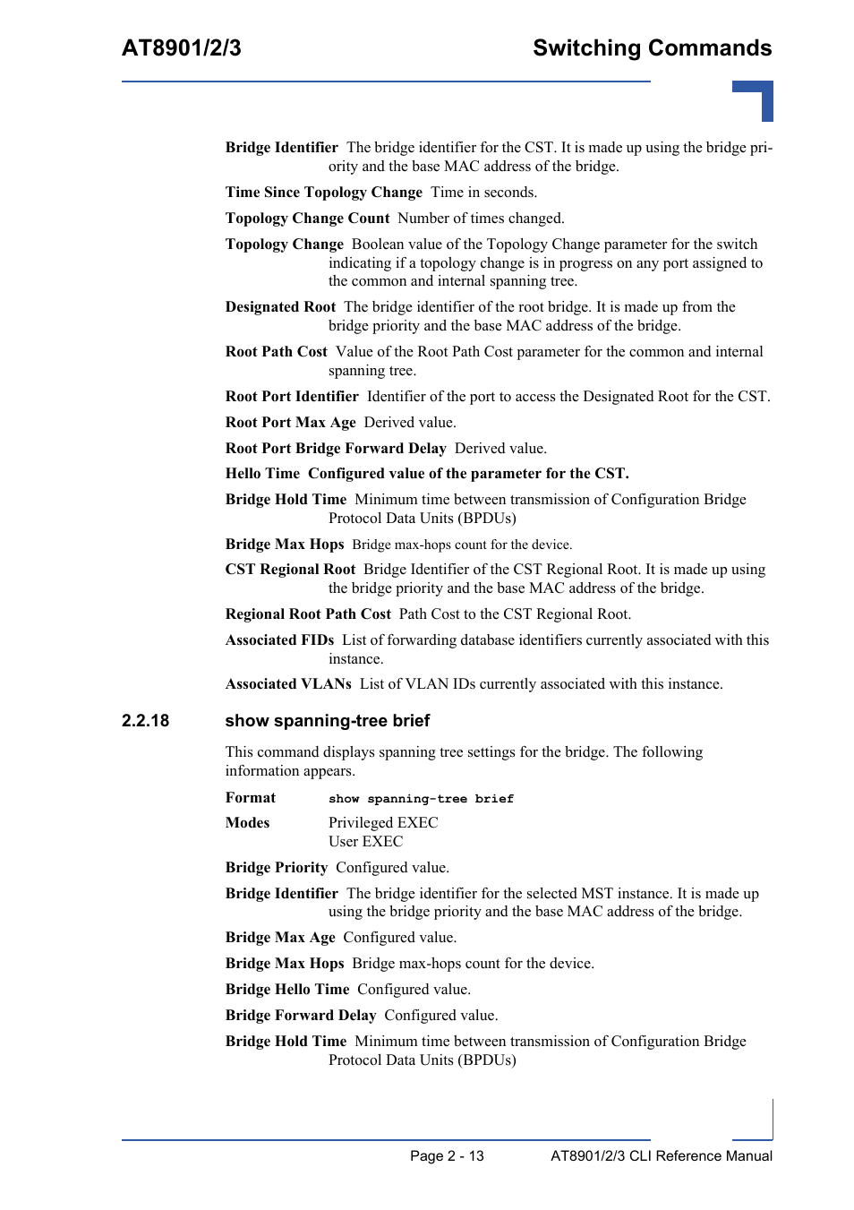 18 show spanning-tree brief, 18 show spanning-tree brief - 13 | Kontron AT890X Full-Size CLI User Manual | Page 47 / 304