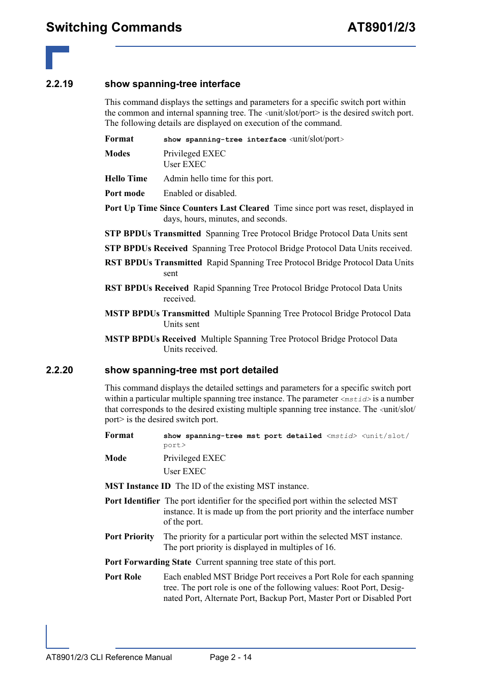 19 show spanning-tree interface, 20 show spanning-tree mst port detailed | Kontron AT890X Full-Size CLI User Manual | Page 48 / 304