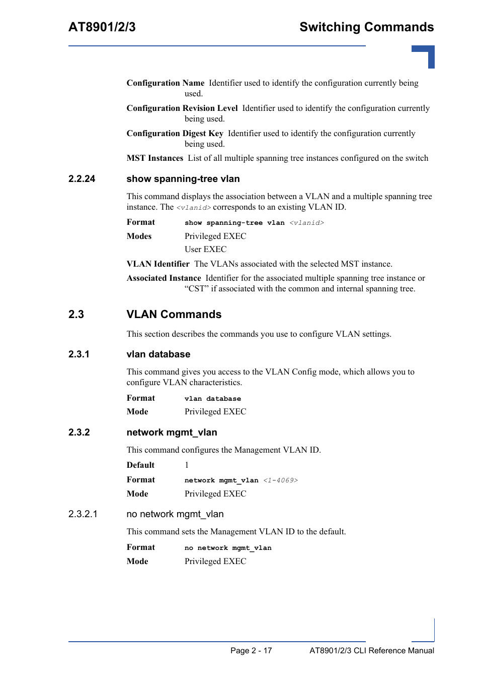 24 show spanning-tree vlan, 3 vlan commands, 1 vlan database | 2 network mgmt_vlan, 24 show spanning-tree vlan - 17, 3 vlan commands - 17, Vlan database - 17, Network mgmt_vlan - 17 | Kontron AT890X Full-Size CLI User Manual | Page 51 / 304