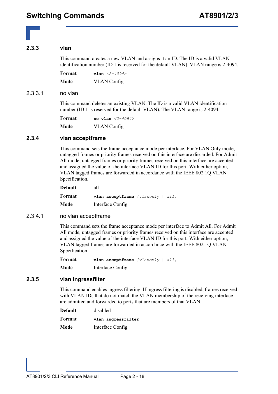 3 vlan, 4 vlan acceptframe, 5 vlan ingressfilter | Vlan - 18, Vlan acceptframe - 18, Vlan ingressfilter - 18 | Kontron AT890X Full-Size CLI User Manual | Page 52 / 304