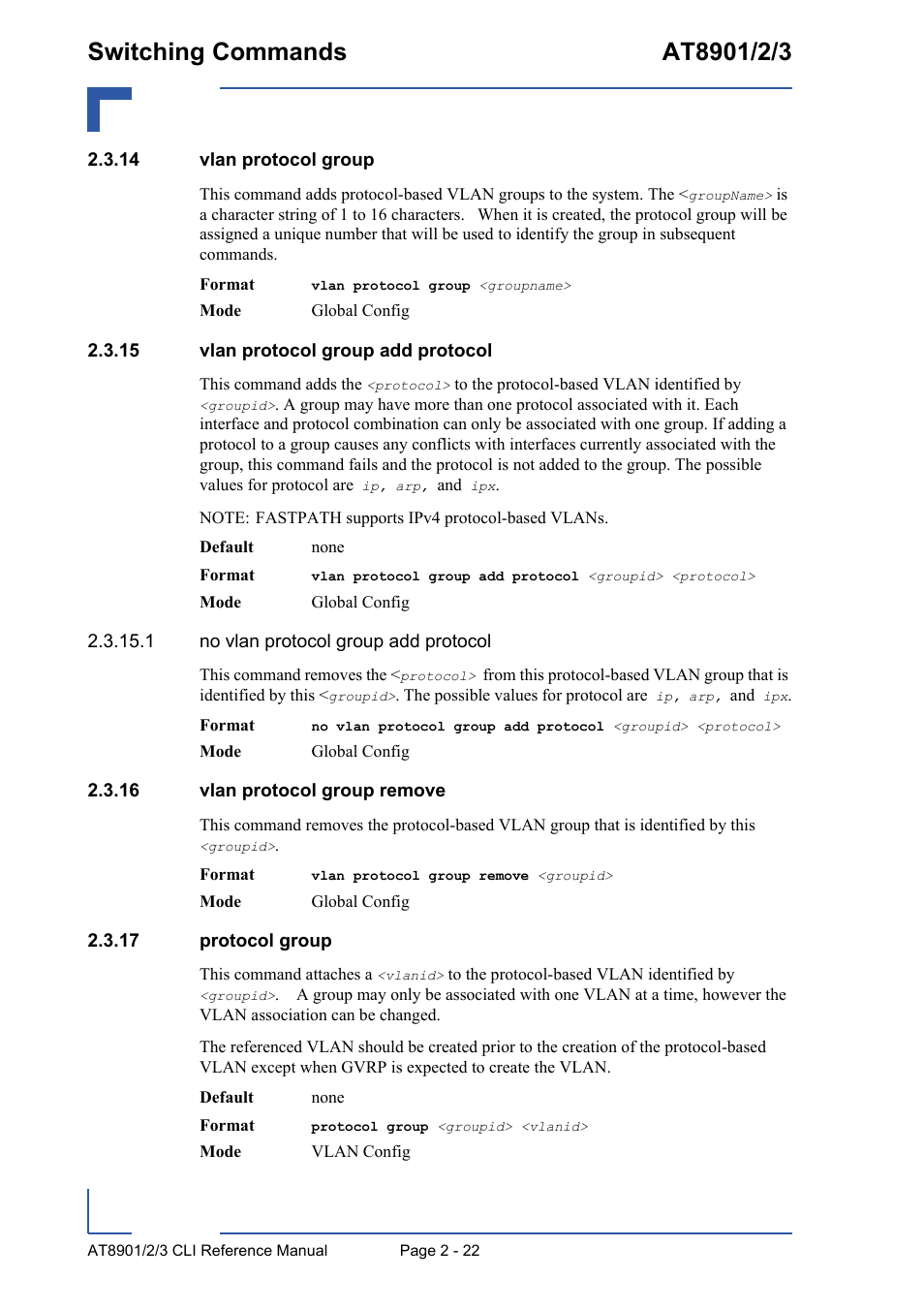 14 vlan protocol group, 15 vlan protocol group add protocol, 16 vlan protocol group remove | 17 protocol group | Kontron AT890X Full-Size CLI User Manual | Page 56 / 304