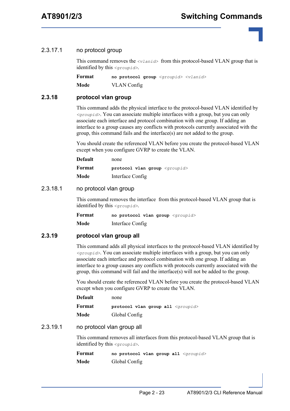 18 protocol vlan group, 19 protocol vlan group all | Kontron AT890X Full-Size CLI User Manual | Page 57 / 304